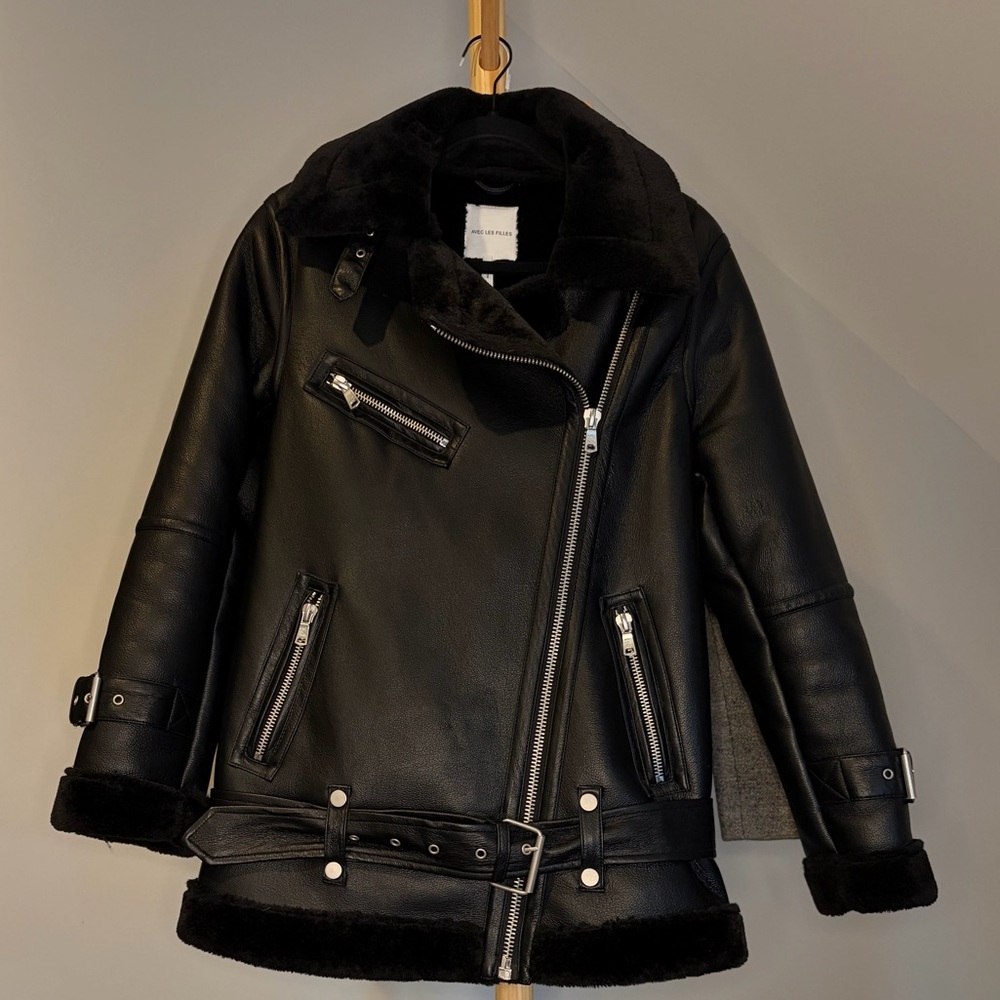 Avec Les Filles Black Faux Fur Biker Jacket with Belt